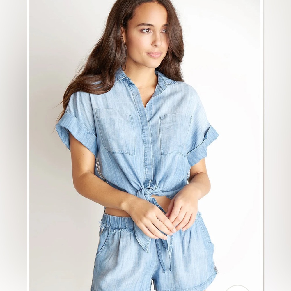 BELLA DAHL Stripe Trim Capsleeve Tie Up Shirt L 100 % Tencel button down